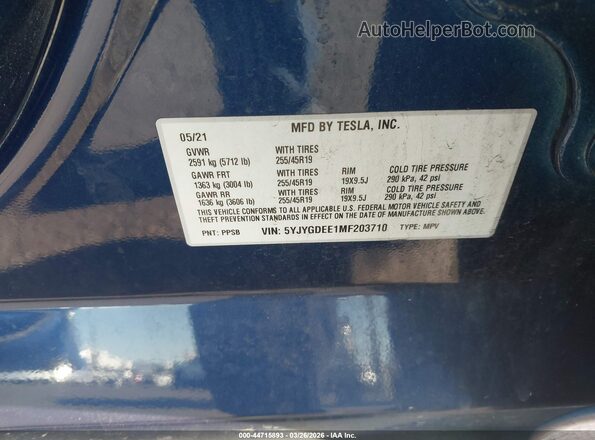 5YJYGDEE1MF203710 2021 TESLA MODEL Y Blue Շարժիչի բաժամունքի տեսք