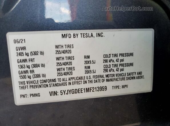 5YJYGDEE1MF213959 2021 TESLA MODEL Серый Панорамный вид салона 360°