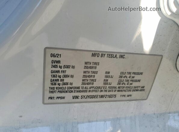 5YJYGDEE1MF216375 2021 TESLA MODEL White Widok komory silnika