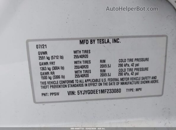 5YJYGDEE1MF233080 2021 TESLA MODEL Y Белый Вид подкапотного пространства