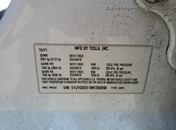 5YJYGDEE1MF280898 2021 TESLA MODEL White VIN կոդի պիտակի տեսք