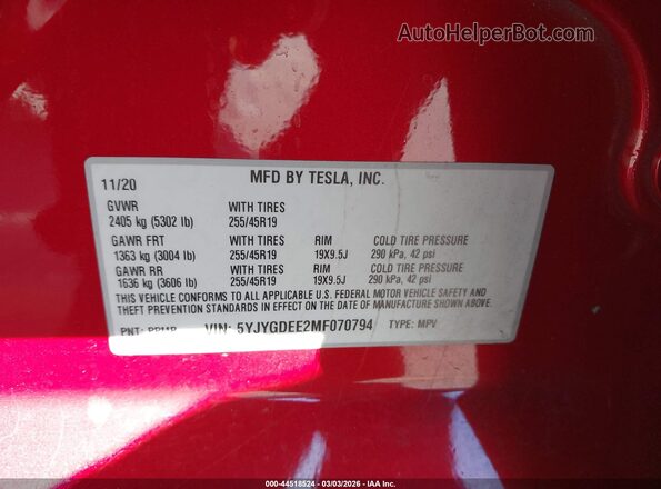5YJYGDEE2MF070794 2021 TESLA MODEL Y Red Widok komory silnika