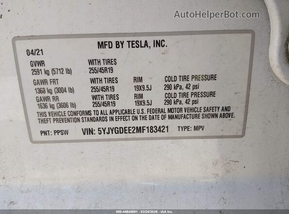 5YJYGDEE2MF183421 2021 TESLA MODEL Y White ძრავის განყოფილების ხედი