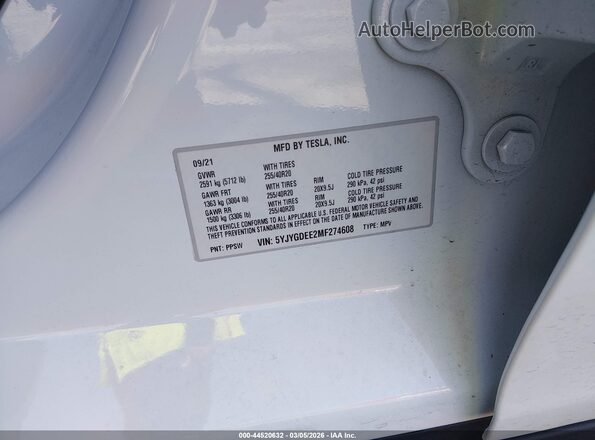 5YJYGDEE2MF274608 2021 TESLA MODEL Y White Շարժիչի բաժամունքի տեսք