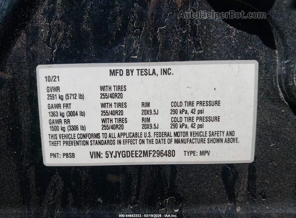 5YJYGDEE2MF296480 2021 TESLA MODEL Y Черный 