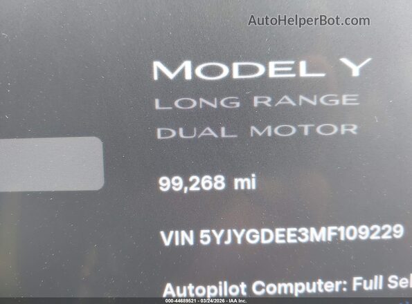5YJYGDEE3MF109229 2021 TESLA MODEL Y White Հետևի նստատեղերի տեսք