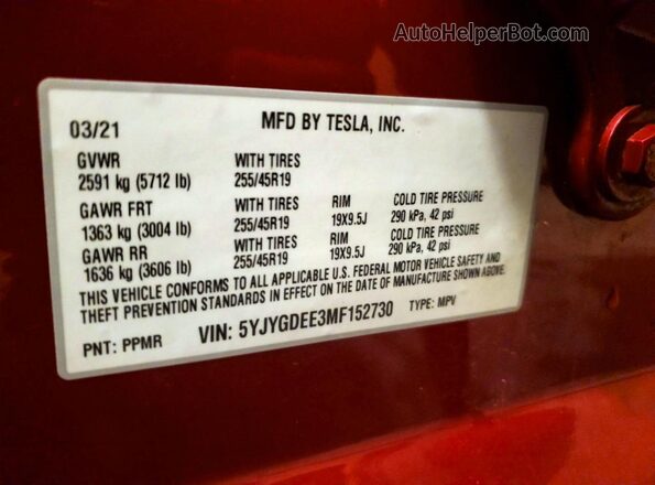 5YJYGDEE3MF152730 2021 TESLA MODEL Red Widok komory silnika