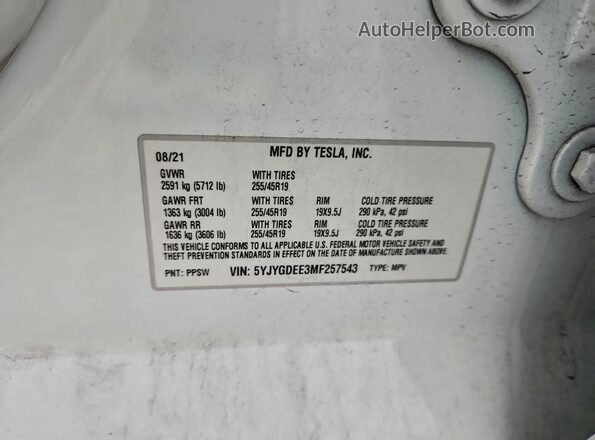 5YJYGDEE3MF257543 2021 TESLA MODEL White Vista de la etiqueta del VIN