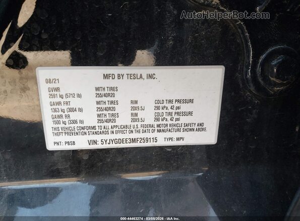 5YJYGDEE3MF259115 2021 TESLA MODEL Y Black 