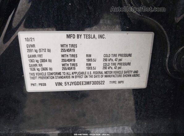 5YJYGDEE3MF300522 2021 TESLA MODEL Y Black Շարժիչի բաժամունքի տեսք