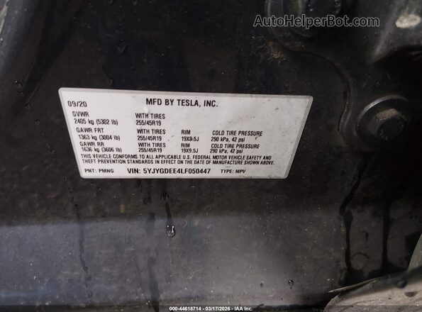 5YJYGDEE4LF050447 2020 TESLA MODEL Y Gray Vista del compartimento del motor