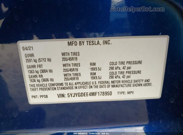 5YJYGDEE4MF178950 2021 TESLA MODEL Y Blue 