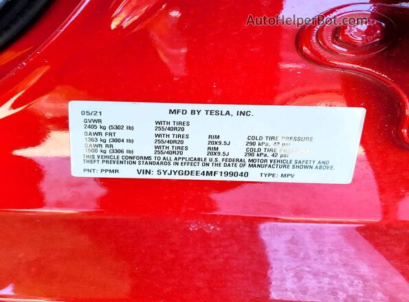 5YJYGDEE4MF199040 2021 TESLA MODEL Red ძრავის განყოფილების ხედი