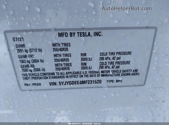 5YJYGDEE4MF231520 2021 TESLA MODEL Y White Widok komory silnika