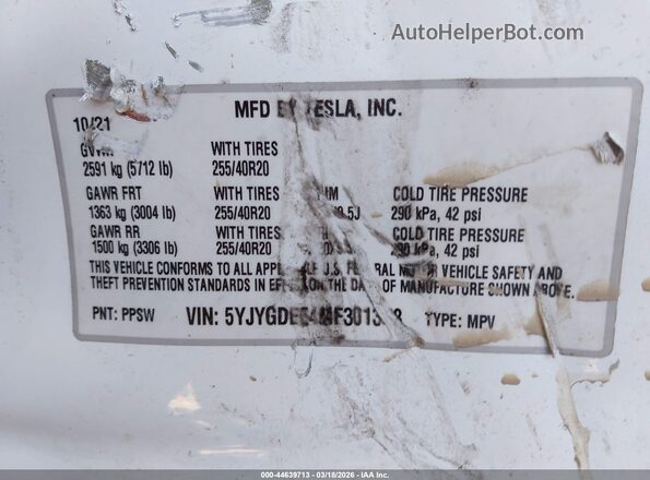 5YJYGDEE4MF301338 2021 TESLA MODEL Y White Вид підкапотного простору