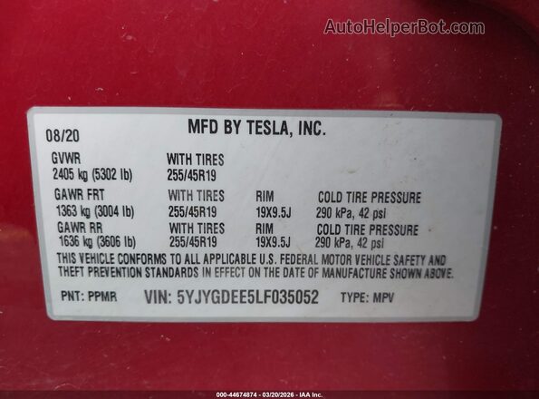 5YJYGDEE5LF035052 2020 TESLA MODEL Y Красный Вид подкапотного пространства