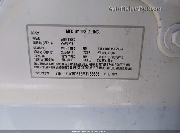 5YJYGDEE5MF138635 2021 TESLA MODEL Y White Engine compartment view
