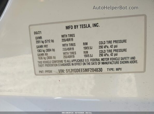 5YJYGDEE5MF204830 2021 TESLA MODEL Y White Շարժիչի բաժամունքի տեսք