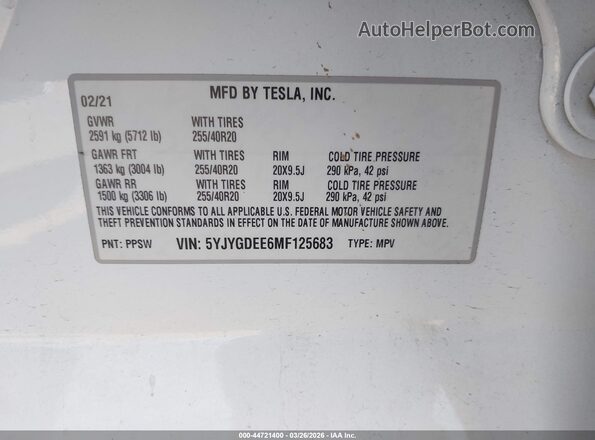 5YJYGDEE6MF125683 2021 TESLA MODEL Y White ძრავის განყოფილების ხედი