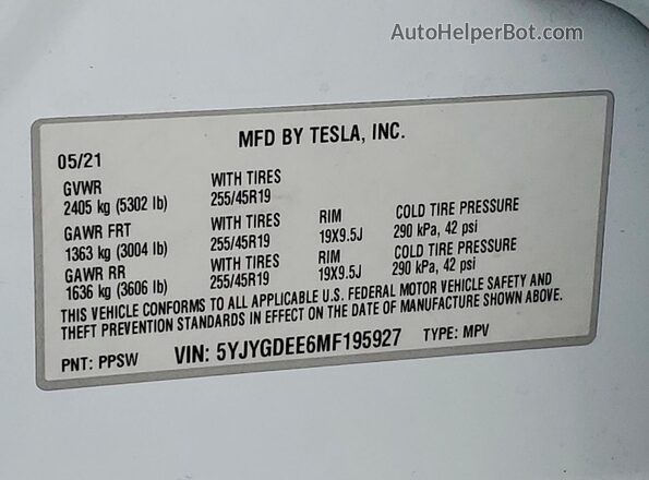 5YJYGDEE6MF195927 2021 TESLA MODEL Белый Вид наклейки с VIN-кодом