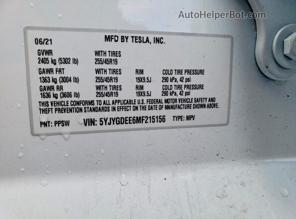 5YJYGDEE6MF215156 2021 TESLA MODEL White Շարժիչի բաժամունքի տեսք