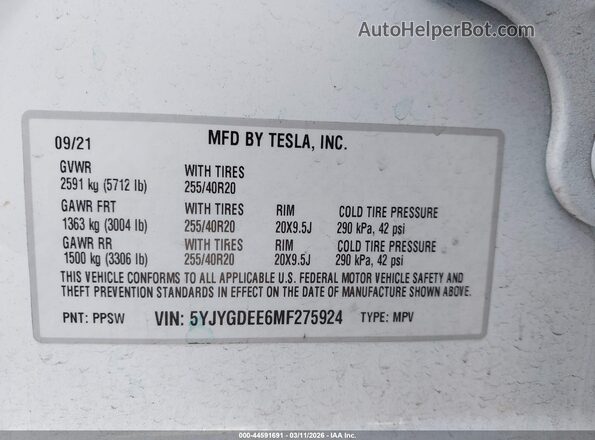 5YJYGDEE6MF275924 2021 TESLA MODEL Y White Вид підкапотного простору