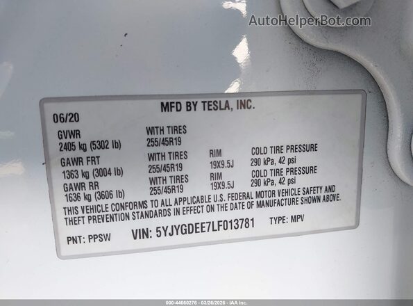 5YJYGDEE7LF013781 2020 TESLA MODEL Y White Շարժիչի բաժամունքի տեսք