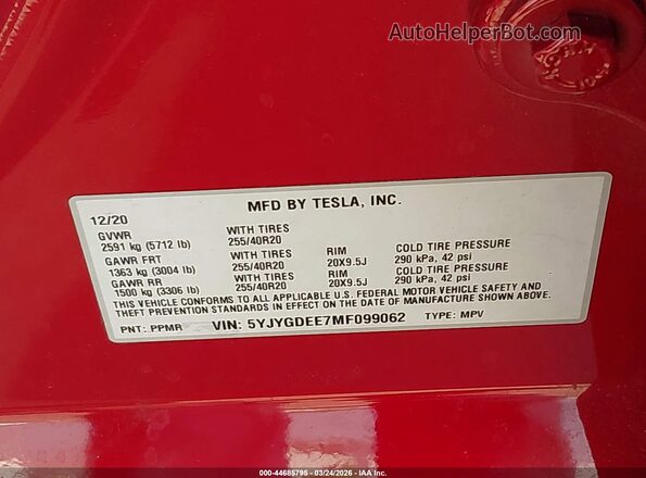 5YJYGDEE7MF099062 2021 TESLA MODEL Y Red Շարժիչի բաժամունքի տեսք