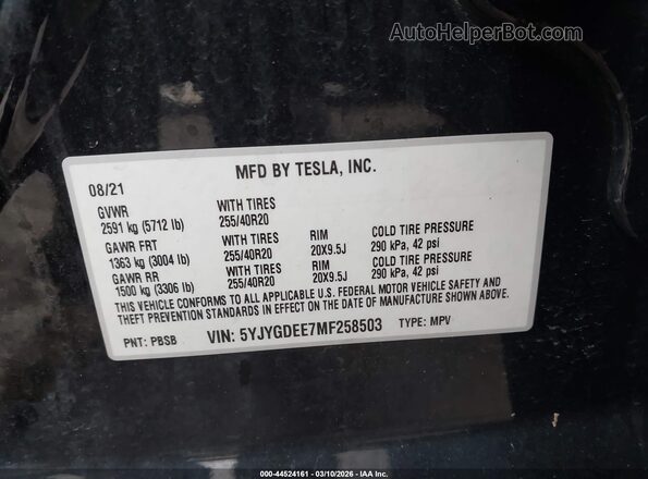 5YJYGDEE7MF258503 2021 TESLA MODEL Y Black 