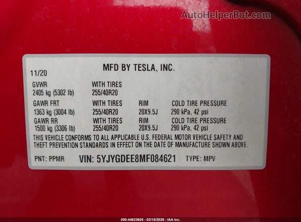5YJYGDEE8MF084621 2021 TESLA MODEL Y Красный Вид подкапотного пространства