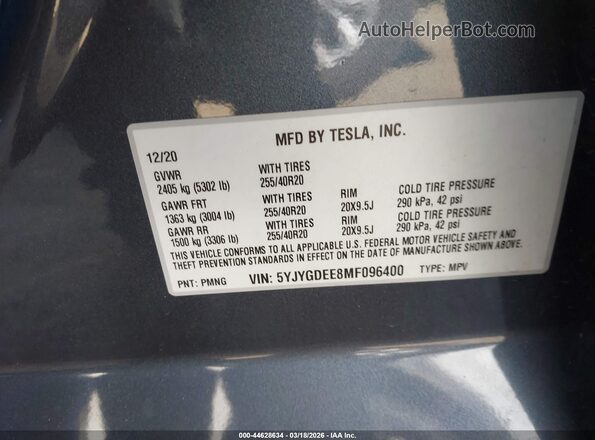 5YJYGDEE8MF096400 2021 TESLA MODEL Y Gray Вид підкапотного простору