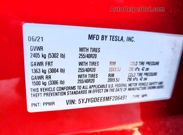 5YJYGDEE8MF206491 2021 TESLA MODEL Burgundy Շարժիչի բաժամունքի տեսք