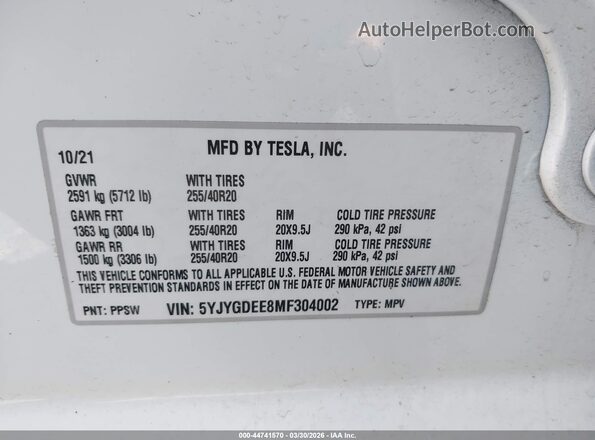 5YJYGDEE8MF304002 2021 TESLA MODEL Y White Vista del compartimento del motor
