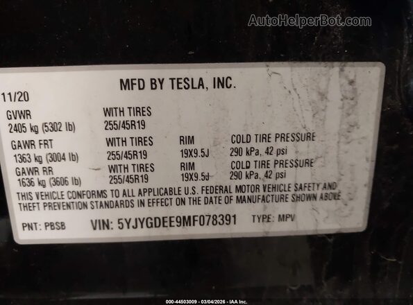 5YJYGDEE9MF078391 2021 TESLA MODEL Y Black ძრავის განყოფილების ხედი