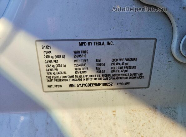 5YJYGDEE9MF109252 2021 TESLA MODEL White VIN კოდის სტიკერის ხედი