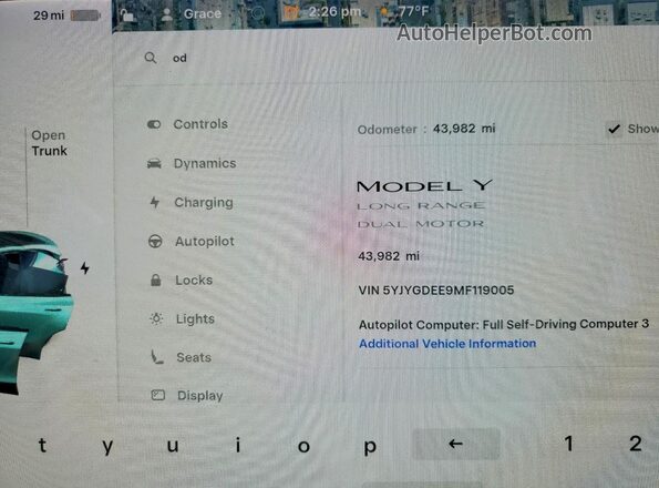 5YJYGDEE9MF119005 2021 TESLA MODEL Gray Vista del cuadro de instrumentos