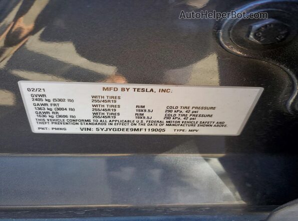 5YJYGDEE9MF119005 2021 TESLA MODEL Gray Vista de la etiqueta del VIN
