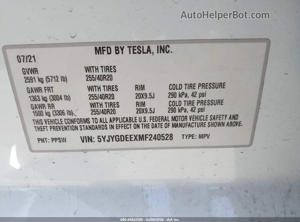 5YJYGDEEXMF240528 2021 TESLA MODEL Y White Շարժիչի բաժամունքի տեսք