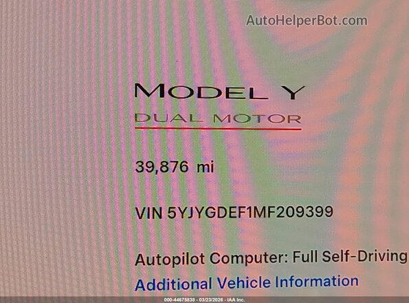 5YJYGDEF1MF209399 2021 TESLA MODEL Y White Панорамний вид салону 360°