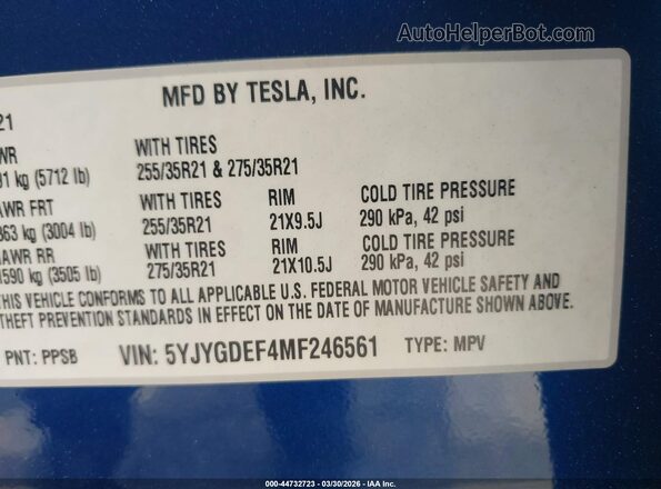 5YJYGDEF4MF246561 2021 TESLA MODEL Y Blue Engine compartment view