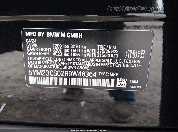 5YM23CS02R9W46364 2024 BMW XM Black ძრავის განყოფილების ხედი
