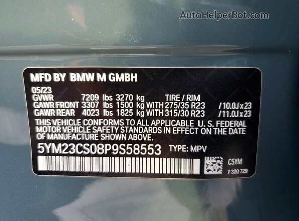 5YM23CS08P9S58553 2023 BMW XM Green Вид наклейки з VIN-кодом