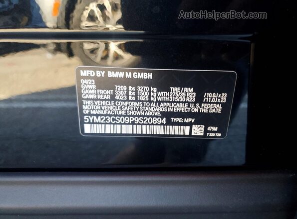 5YM23CS09P9S20894 2023 BMW XM Black Вид наклейки з VIN-кодом