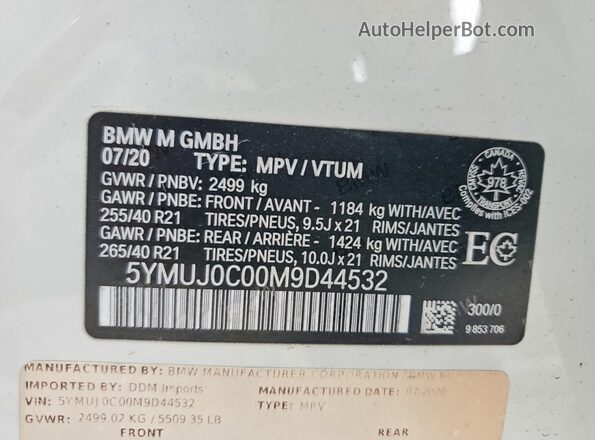 5YMUJ0C00M9D44532 2021 BMW X4 White Вид наклейки з VIN-кодом
