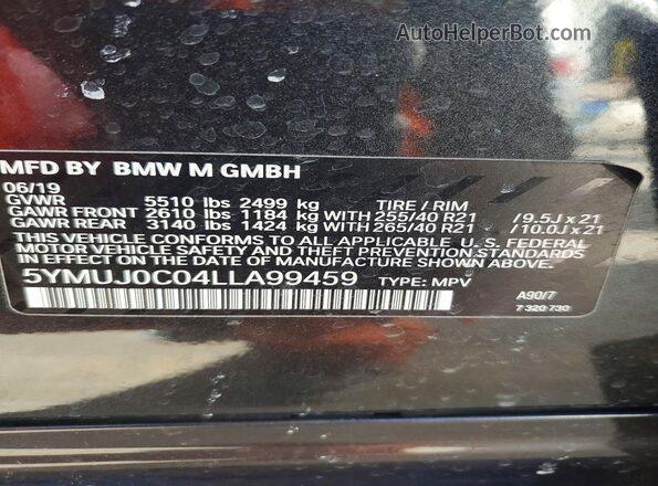 5YMUJ0C04LLA99459 2020 BMW X4 Черный Вид наклейки с VIN-кодом