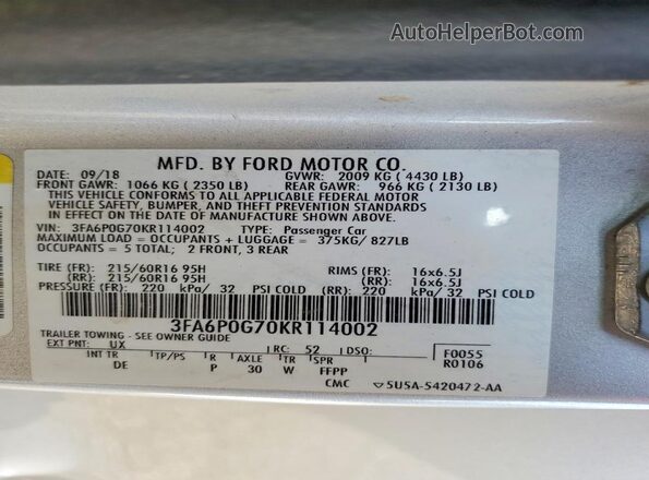 3FA6P0G70KR114002 2019 FORD FUSION Серебряный 