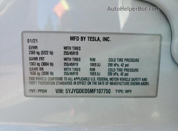 5YJYGDED5MF107750 2021 TESLA MODEL White VIN կոդի պիտակի տեսք