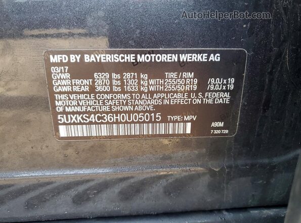 5UXKS4C36H0U05015 2017 BMW X5 Charcoal Vista interior de 360 grados