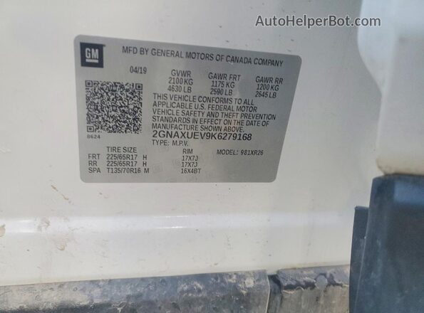 2GNAXUEV9K6279168 2019 CHEVROLET EQUINOX Белый 