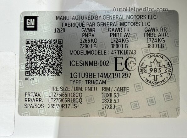 1GTU9BET4MZ191297 2021 GMC SIERRA White 